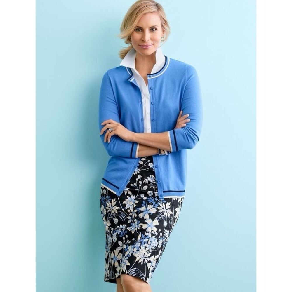 TALBOTS Garden Floral Pencil Skirt Sateen Office Career Knee Black Blue 16 Pet - Picture 1 of 16